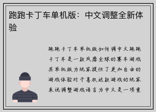 跑跑卡丁车单机版：中文调整全新体验