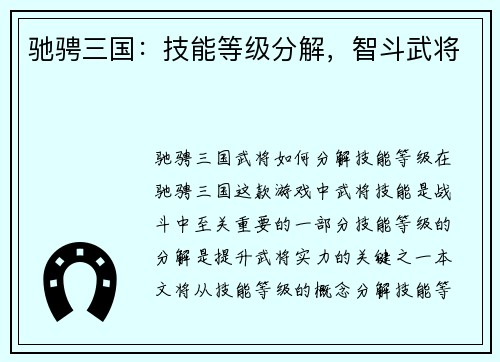 驰骋三国：技能等级分解，智斗武将