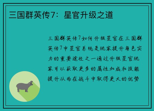 三国群英传7：星官升级之道