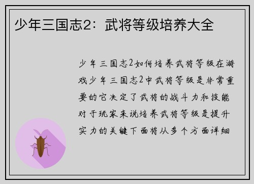 少年三国志2：武将等级培养大全